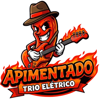 Logotipo Apimentado Trio Elétrico com mascote de pimenta estilizada usando chapéu, óculos, charuto e tocando guitarra baiana em meio a chamas